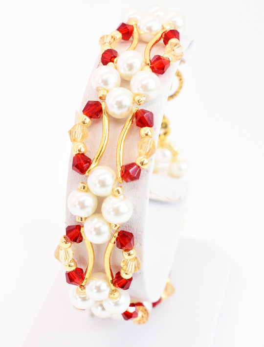 Siam Red and Gold Crystal and Pearl Hex Block Link Bracelet - Chic Brico