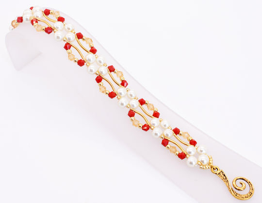 Red Jade and Gold Crystal and Pearl Hex Block Link Bracelet - Chic Brico