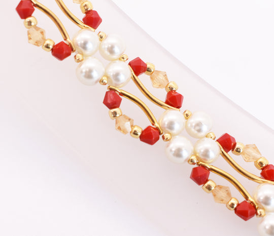 Red Jade and Gold Crystal and Pearl Hex Block Link Bracelet - Chic Brico