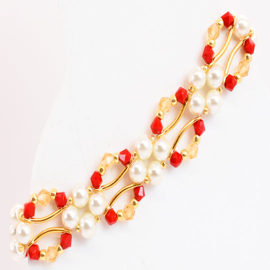 Red Jade and Gold Crystal and Pearl Hex Block Link Bracelet - Chic Brico