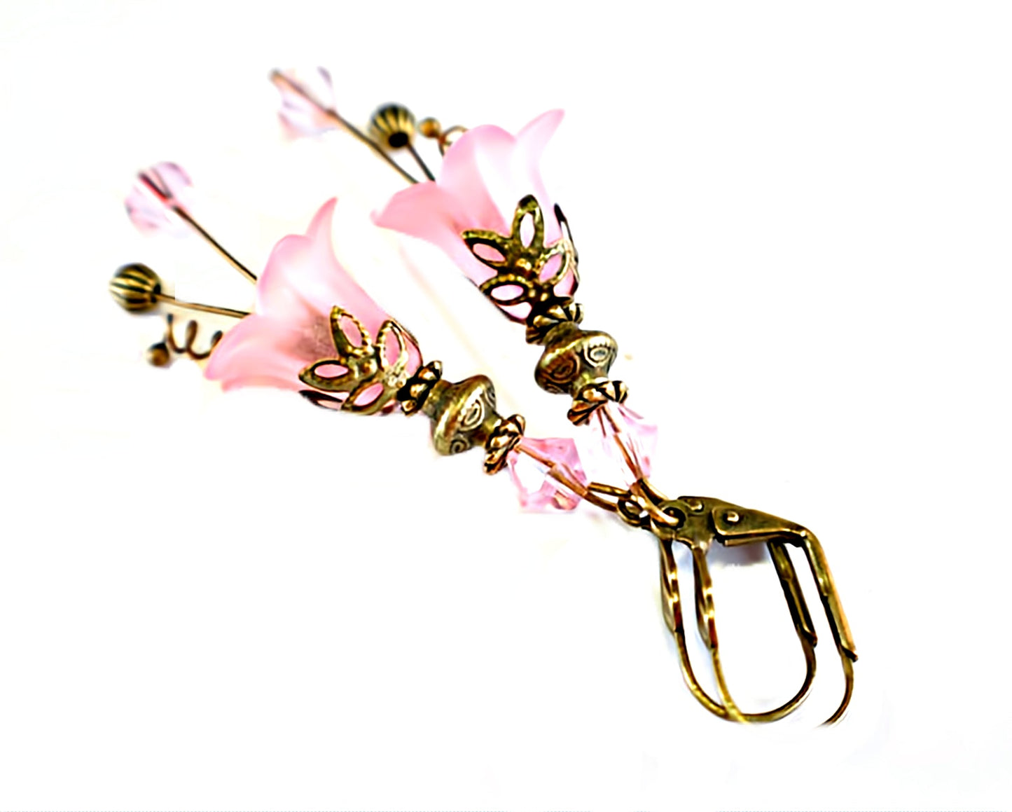Vintage Victorian Style Rosy Pink and Antique Bronze Bell Flower Lucite Earrings - Chic Brico