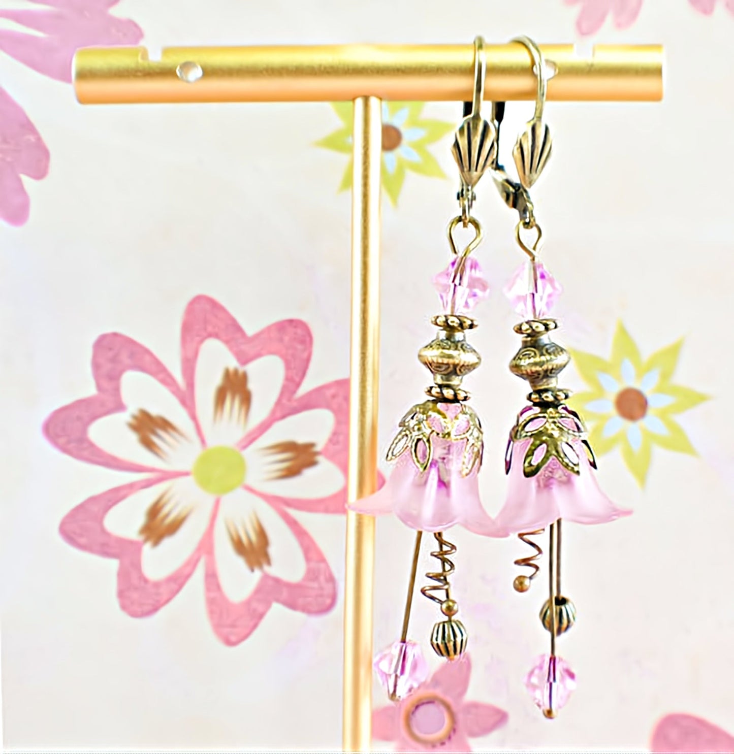 Vintage Victorian Style Rosy Pink and Antique Bronze Bell Flower Lucite Earrings - Chic Brico