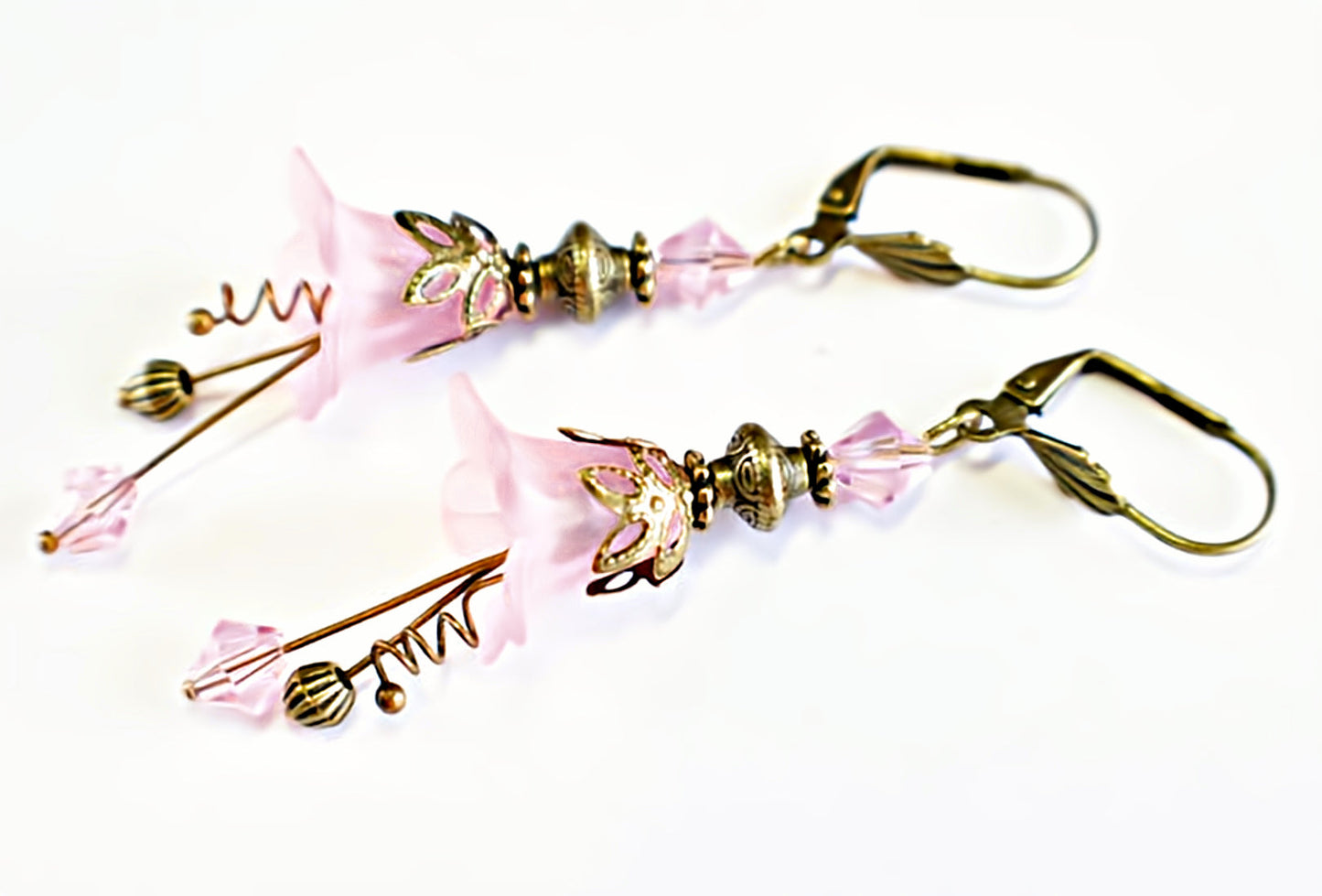 Vintage Victorian Style Rosy Pink and Antique Bronze Bell Flower Lucite Earrings - Chic Brico