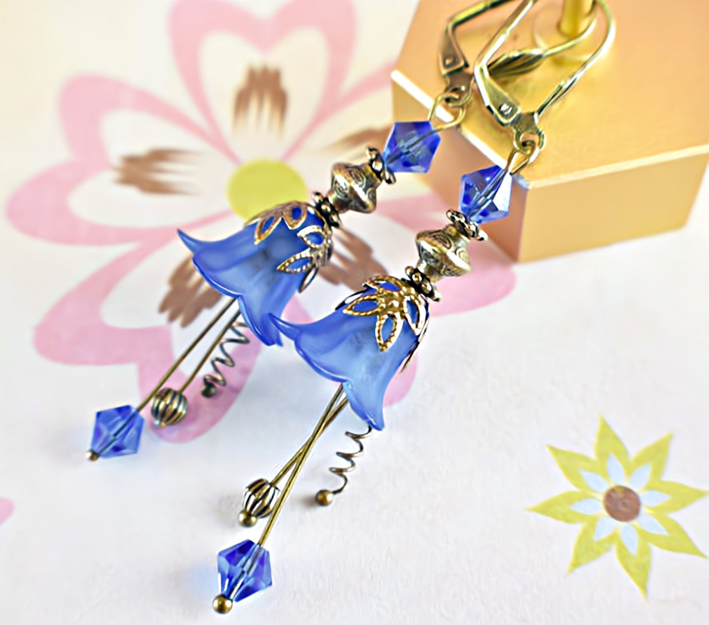 Vintage Victorian Style Royal Blue and Antique Bronze Bell Flower Lucite Earrings - Chic Brico