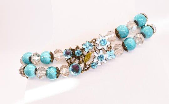 Turquoise Resin & Crystal Beads Stretch Link Bracelet - Chic Brico