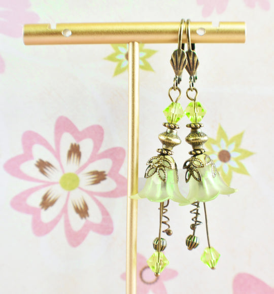 Vintage Victorian Style Peridot Green and Antique Bronze Bell Flower Lucite Earrings - Chic Brico