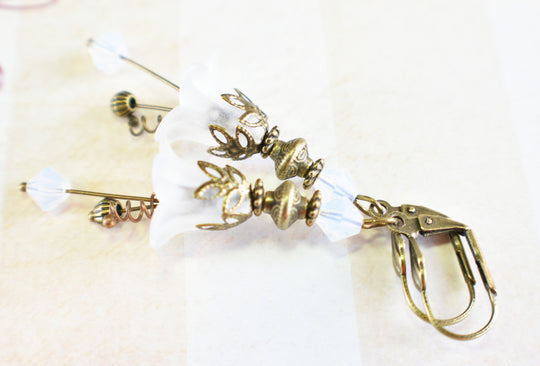 Vintage Victorian Style White and Antique Bronze Bell Flower Lucite Earrings - Chic Brico
