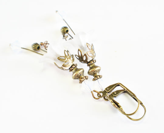Vintage Victorian Style White and Antique Bronze Bell Flower Lucite Earrings - Chic Brico