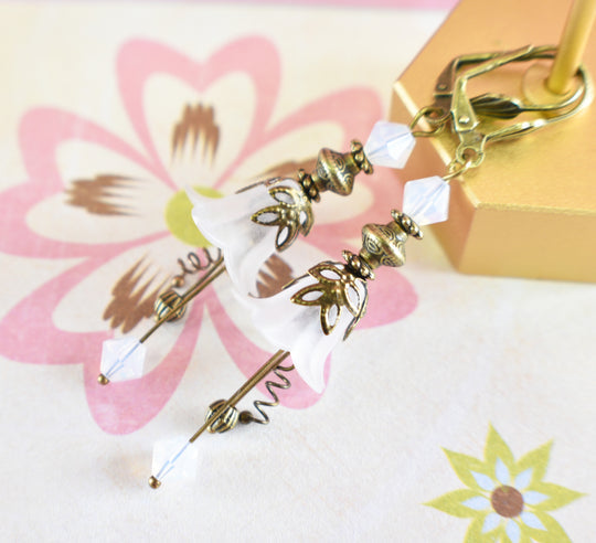Vintage Victorian Style White and Antique Bronze Bell Flower Lucite Earrings - Chic Brico