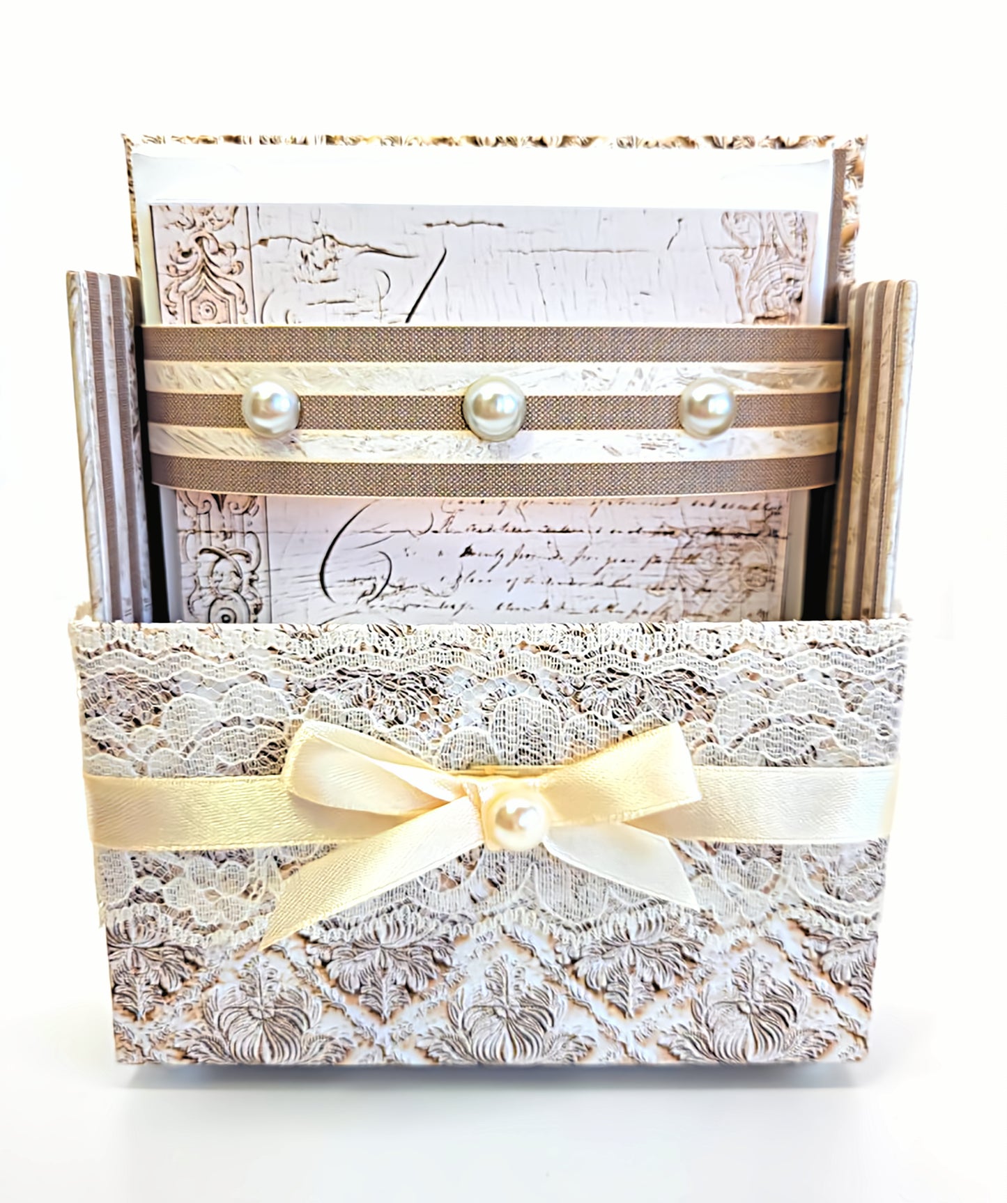 42-Pc Stationery Gift Box Set w/Reusable Desktop Organizer Box and Gold Pen - Vintage Letters & Ivory Lace) - Chic Brico
