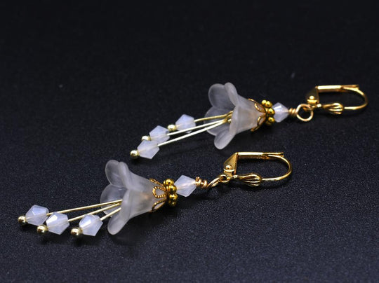 White and Gold Flower Bell Earrings - Chic Brico