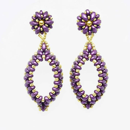 Amethyst Purple and Gold Two-Layer Oval Hoop Drop Earrings - Chic Brico