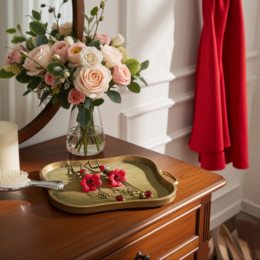 Vintage Victorian Style Siam Red and Antique Bronze Bell Flower Lucite Earrings