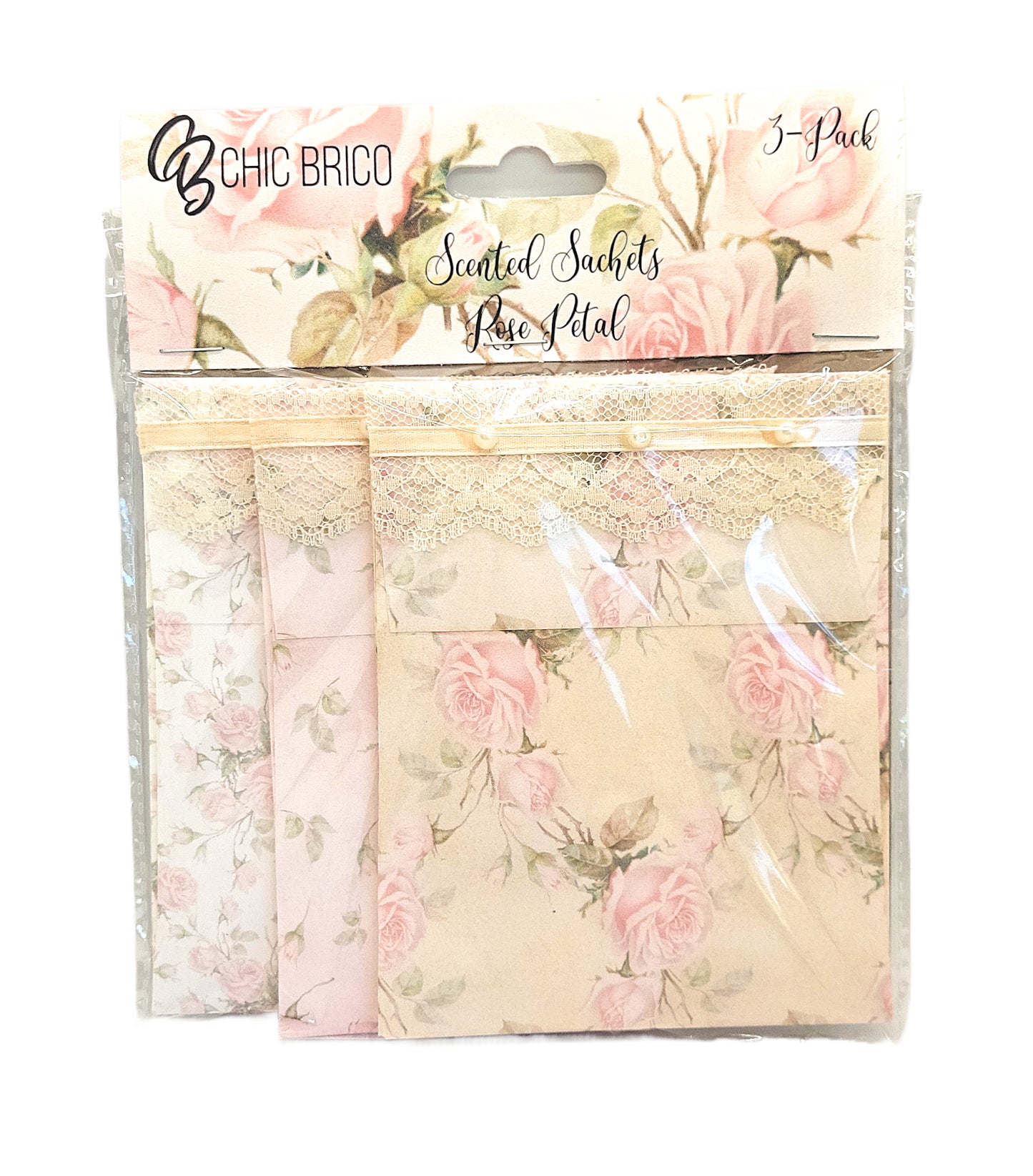 Pearls & Lace Rose Petal Scented Drawer, Closet & Car Sachets, Large Size 4" x 5", 3-Pack - Chic Brico