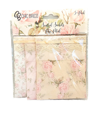 Pearls & Lace Rose Petal Scented Drawer, Closet & Car Sachets, Large Size 4" x 5", 3-Pack - Chic Brico