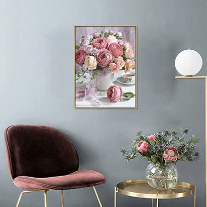 Shabby Pink & White Roses in Vase Diamond Painting Kit for Adults & Kids, 5D Full Drill Round - Chic Brico