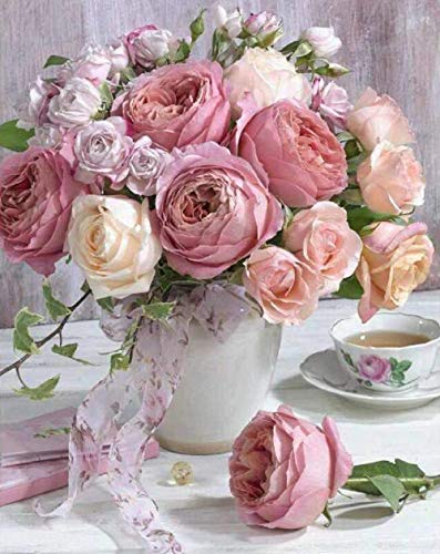 Shabby Pink & White Roses in Vase Diamond Painting Kit for Adults & Kids, 5D Full Drill Round - Chic Brico