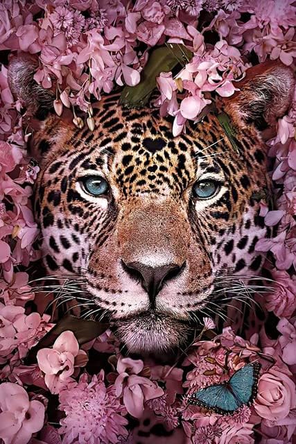 Beautiful Pink Tiger & Flowers Diamond Painting Kit for Kids & Adults, 5D Full Drill Round - Chic Brico