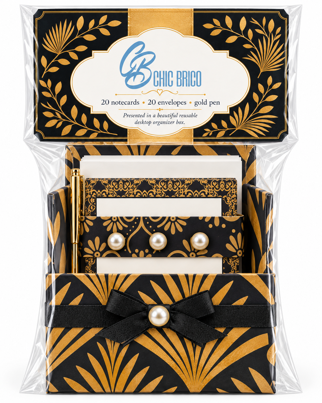 Gilded Gatsby Boxed Stationery Set - 20 Notecards, 20 Envelopes & Gold Pen - Chic Brico