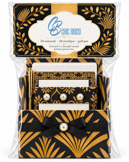 Gilded Gatsby Boxed Stationery Set - 20 Notecards, 20 Envelopes & Gold Pen - Chic Brico