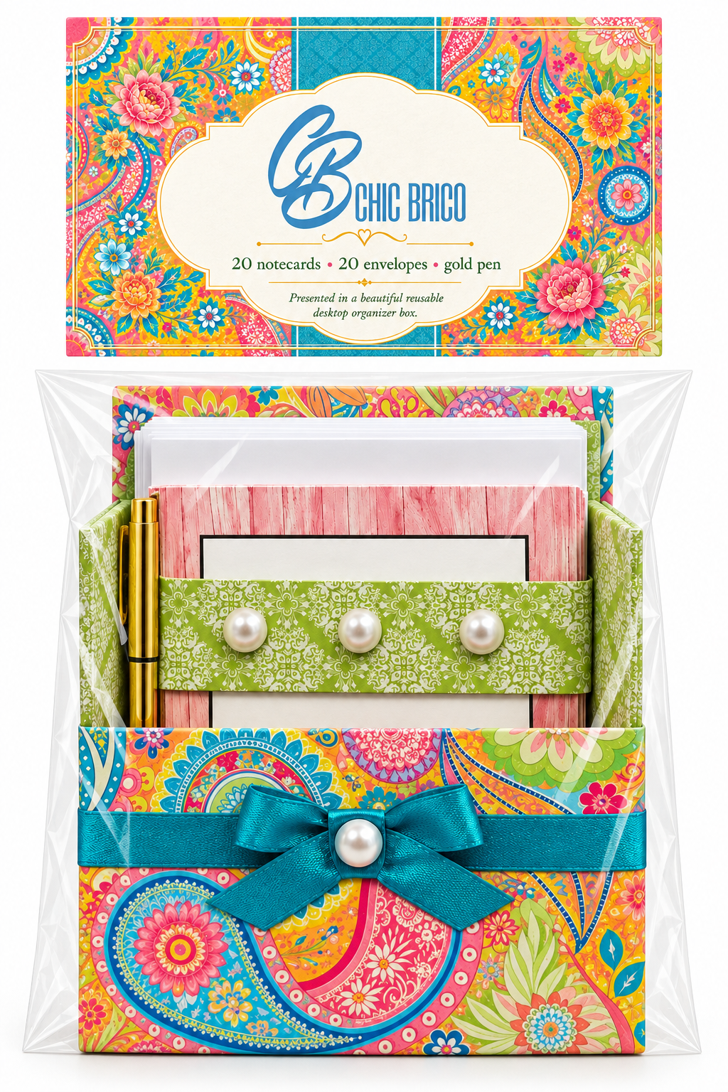 Paisley Paradise Boxed Stationery Set – 20 Notecards, 20 Envelopes & Gold Pen