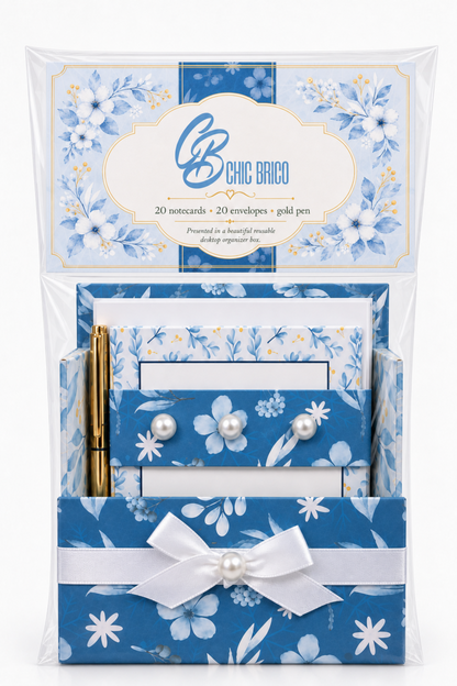 Blue Botanical Bliss Boxed Stationery Set – 20 Notecards, 20 Envelopes & Gold Pen