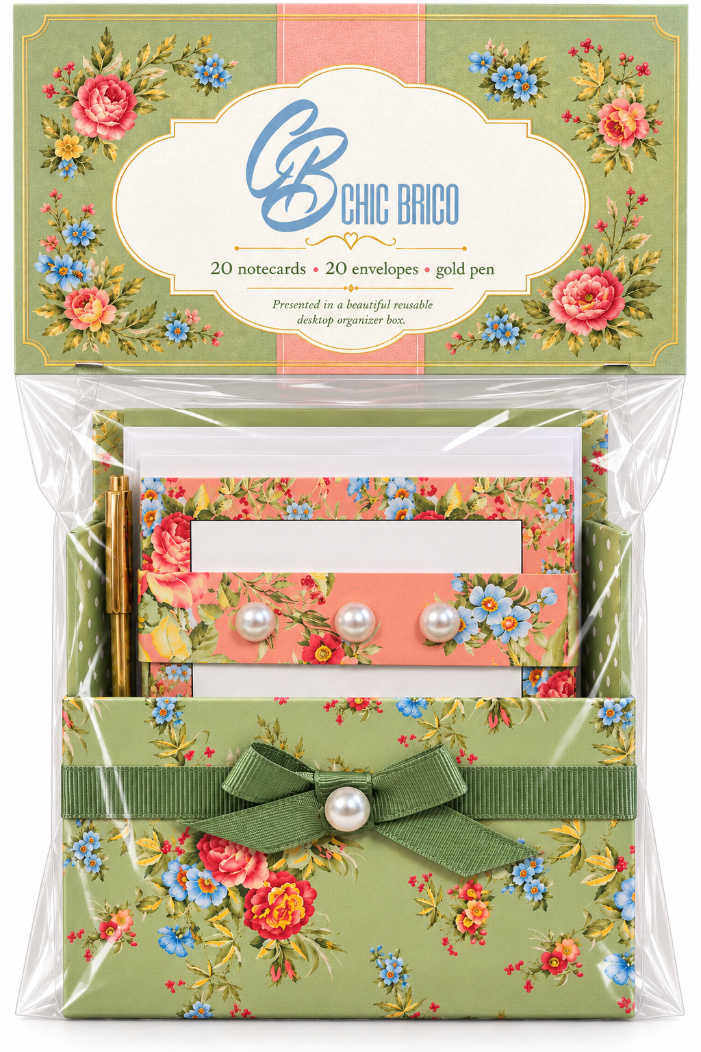 Sage & Coral Garden Boxed Stationery Set - 20 Notecards, 20 Envelopes & Gold Pen