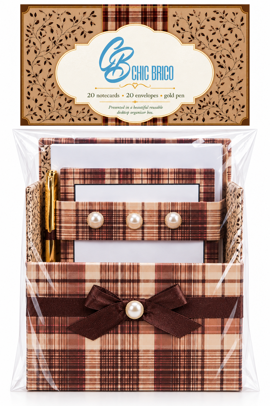 Gentleman's Plaid Boxed Stationery Set – 20 Notecards, 20 Envelopes & Gold Pen