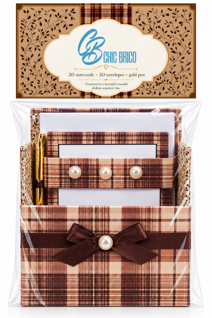 Gentleman's Plaid Boxed Stationery Set – 20 Notecards, 20 Envelopes & Gold Pen