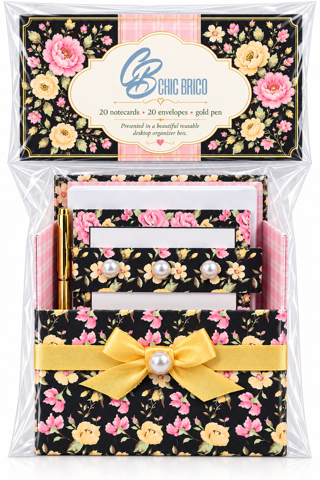 Midnight Rose Garden Boxed Stationery Set – 20 Notecards, 20 Envelopes & Gold Pen - Chic Brico