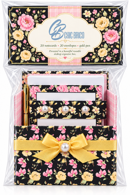 Midnight Rose Garden Boxed Stationery Set – 20 Notecards, 20 Envelopes & Gold Pen - Chic Brico
