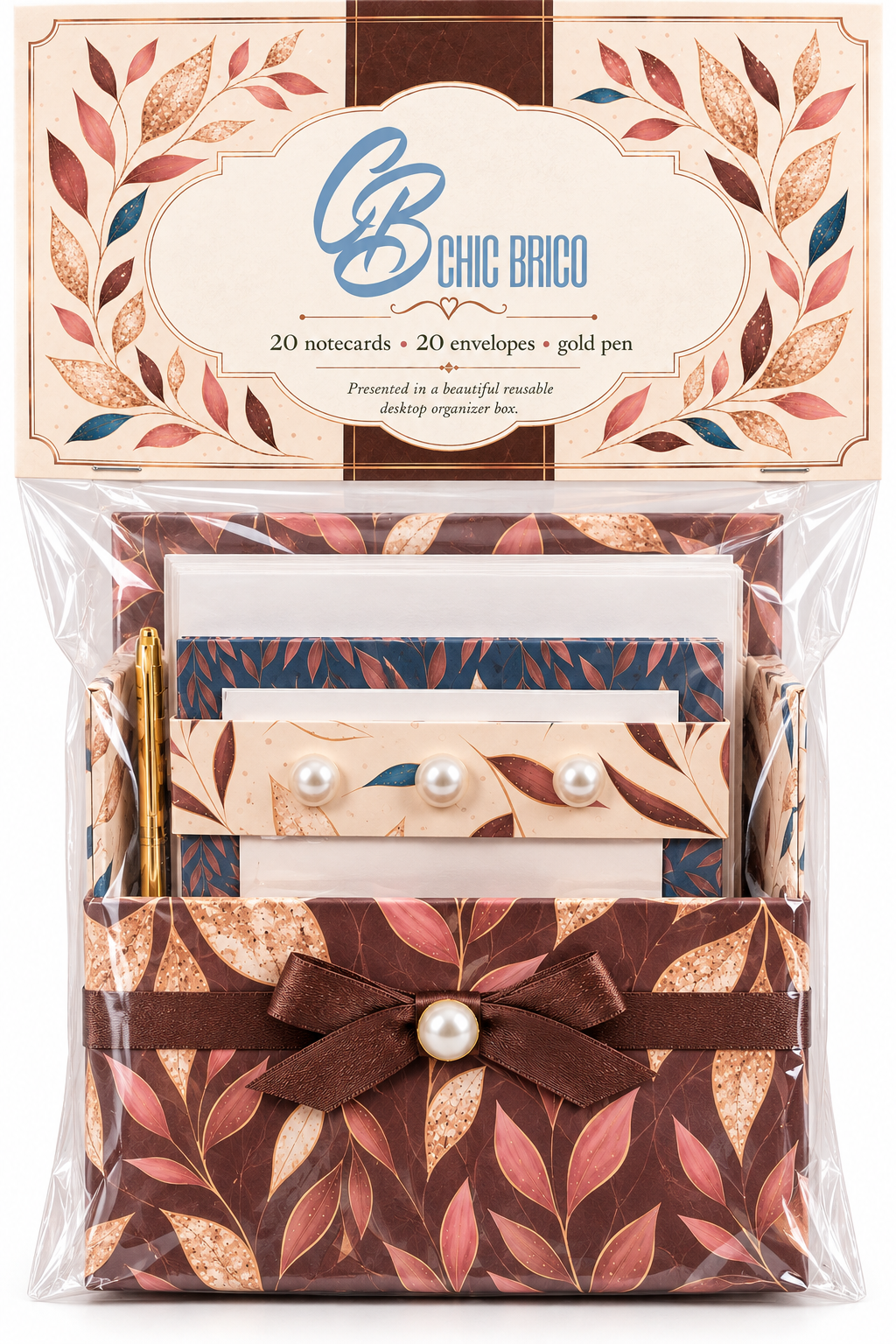 Autumn Golden Leaves Boxed Stationery Set – 20 Notecards, 20 Envelopes & Gold Pen