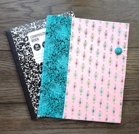 Fabric Covered Hardcover Reusable Notebook Composition Book Cover - Aqua and Pink Charms - Chic Brico