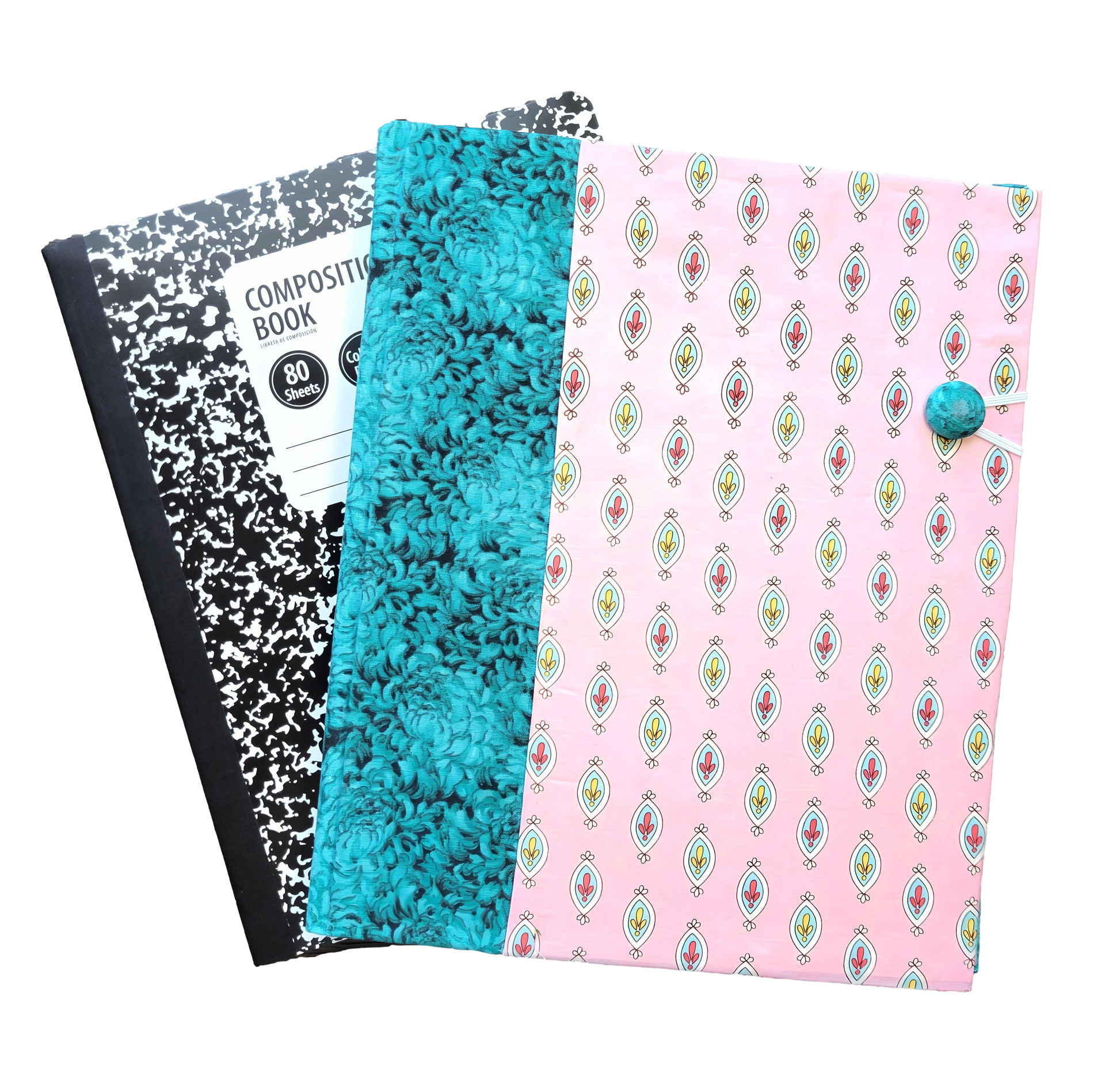 Fabric Covered Hardcover Reusable Notebook Composition Book Cover - Aqua and Pink Charms - Chic Brico