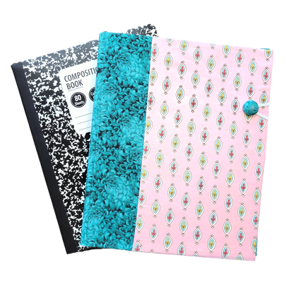 Fabric Covered Hardcover Reusable Notebook Composition Book Cover - Aqua and Pink Charms - Chic Brico