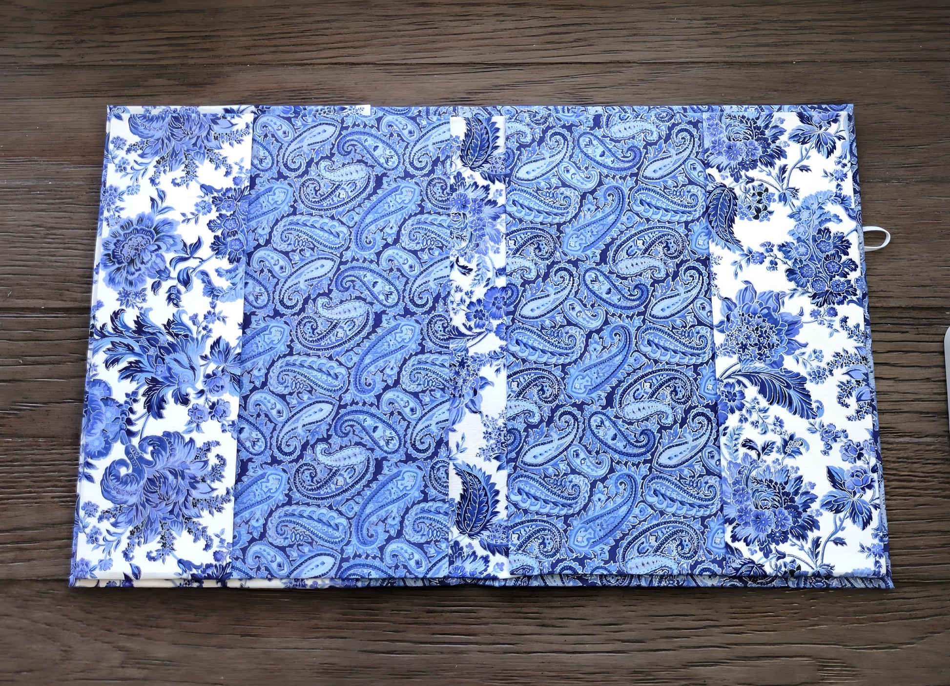 Fabric Covered Hardcover Reusable Notebook Composition Book Cover - Delft Blue, White and Silver Paisley - Chic Brico