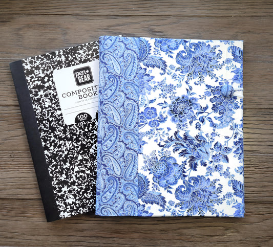 Fabric Covered Hardcover Reusable Notebook Composition Book Cover - Delft Blue, White and Silver Paisley - Chic Brico