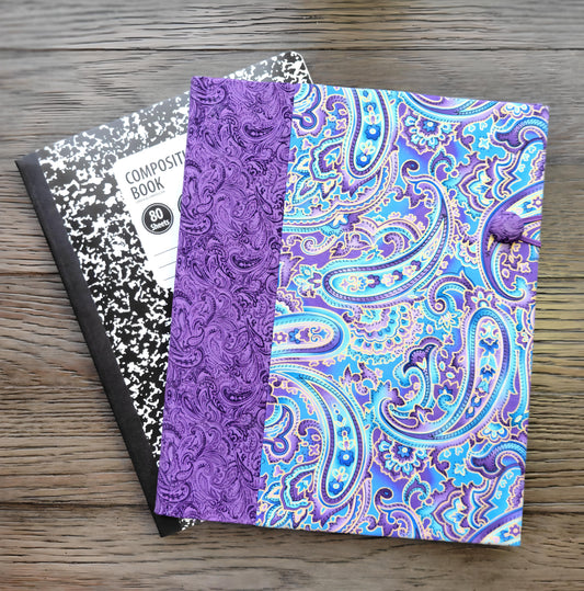 Fabric Covered Hardcover Notebook Composition Book Cover - Purple, Blue and Gold Paisley