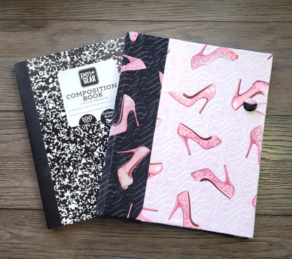 Fabric Covered Hardcover Notebook Composition Book Cover - Pink & Black Stilettos - Chic Brico