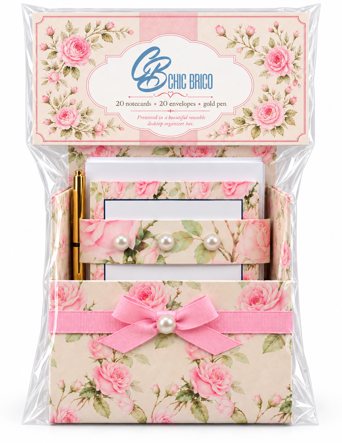 Shabby Chic Roses Boxed Stationery Set – 20 Notecards, 20 Envelopes & Gold Pen