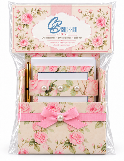 Shabby Chic Roses Boxed Stationery Set – 20 Notecards, 20 Envelopes & Gold Pen