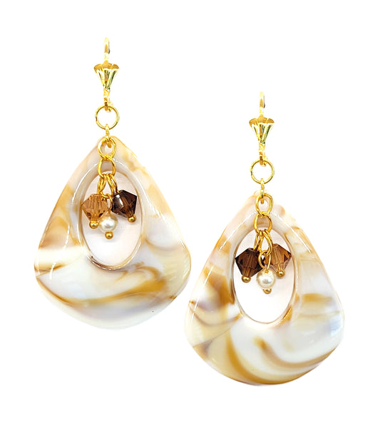 Ivory Shell Swirl Austrian Crystal and Pearl Triangle Teardrop Dangle Earrings - Chic Brico