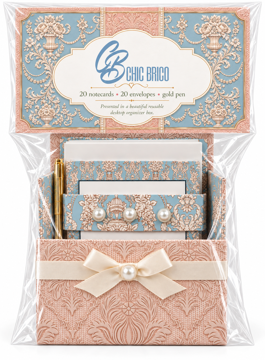 Blue Chateau Boxed Stationery Set – 20 Notecards, 20 Envelopes & Gold Pen