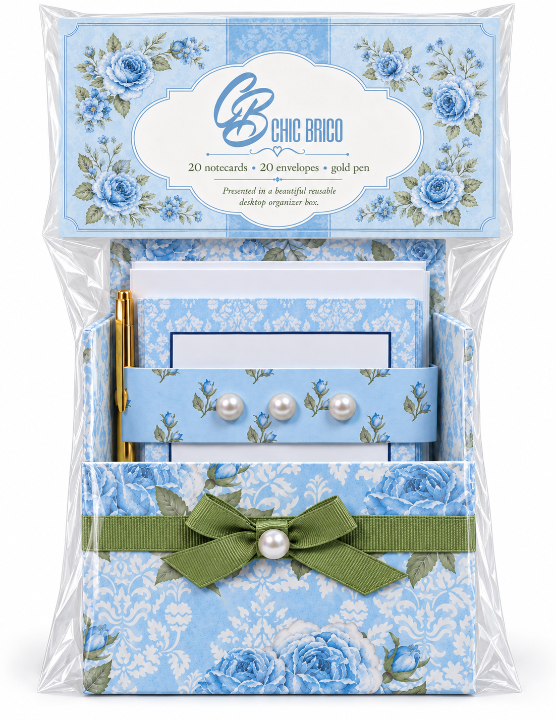 Soft Blue Floral Boxed Stationery Set – 20 Notecards, 20 Envelopes & Gold Pen - Chic Brico