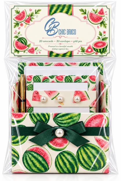 Fresh Red Watermelon Boxed Stationery Set - 20 Notecards, 20 Envelopes & Gold Pen
