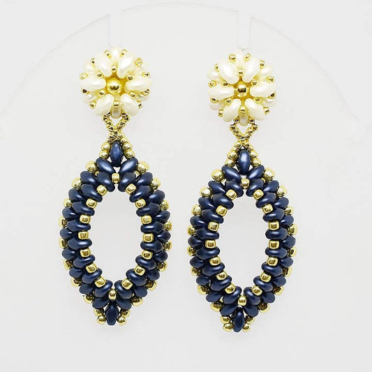 Navy Blue, Ivory and Gold Two-Layer Oval Hoop Drop Earrings - Chic Brico