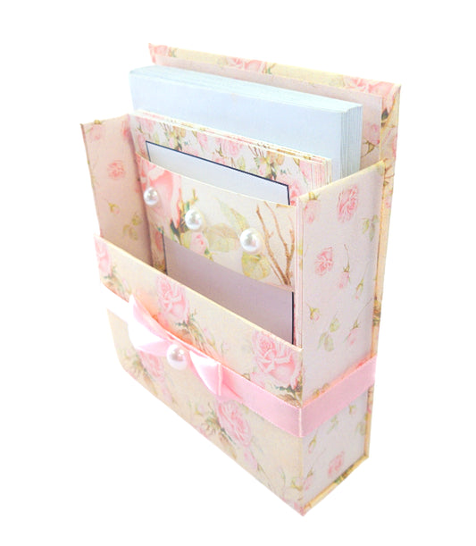 42-Pc Stationery Gift Box Set w/Reusable Desktop Organizer Box and Gold Pen - Shabby Chic Pink Roses - Chic Brico