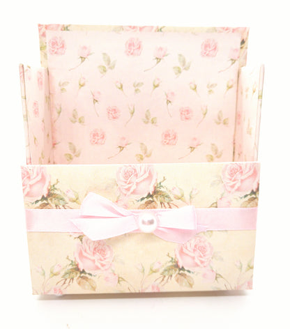 42-Pc Stationery Gift Box Set w/Reusable Desktop Organizer Box and Gold Pen - Shabby Chic Pink Roses - Chic Brico