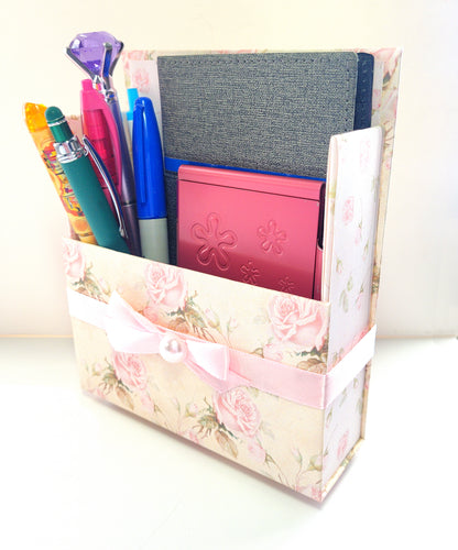 42-Pc Stationery Gift Box Set w/Reusable Desktop Organizer Box and Gold Pen - Shabby Chic Pink Roses - Chic Brico
