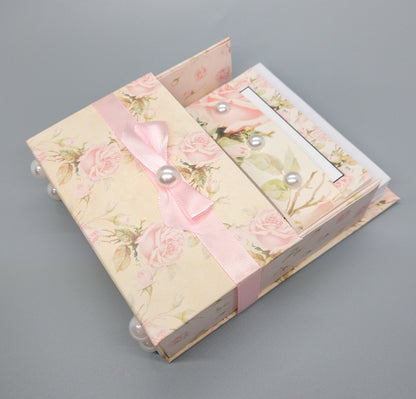 42-Pc Stationery Gift Box Set w/Reusable Desktop Organizer Box and Gold Pen - Shabby Chic Pink Roses - Chic Brico